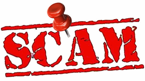 A red and white picture with the word scam