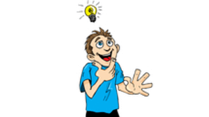 A cartoon picture of a young boy having a bright idea and a light bulb above his head
