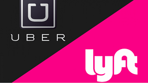 A picture of the Lyft and Uber company logos