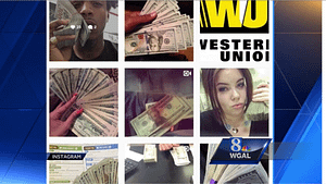 A picture of 9 individual pictures showing people holding money and a western union logo 