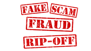 A picture of red words that spell out fake, scam, fraud, and rip-off