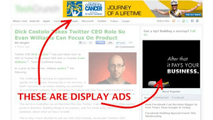 A picture of a website with red arrows pointing out the google advertisement banners
