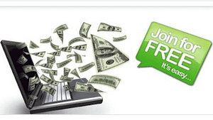 A cartoon picture of a laptop spitting out money, with a green sign that reads "join for free".