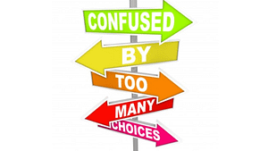 A colorful picture of 5 signs pointing left to right, that read confused, by, too, many, choices