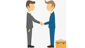 A cartoon picture of 2 men in business suits, shaking hands