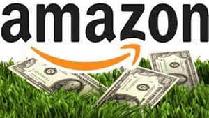 a view of amazon and hundred dollar bills on green grass showing how amazon affiliates get paid