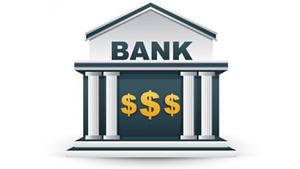 A cartoon picture of a bank with three dollar signs inside it