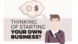 A cartoon picture of the words, thinking of starting your own business, and a guy