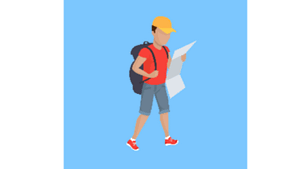 A color cartoon picture of a man with a book bag traveling looking at a map.
