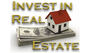 A picture of the words invest in real estate, with a house sitting on top of some money