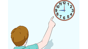 A cartoon picture of a white kid with orange hair pointing up a t a clock on the wall
