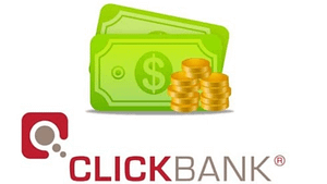 A cartoon picture of dollars, coins, and the word Clickbank