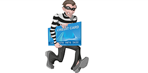 A cartoon picture of a robber running away holding an atm card