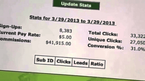 A screen shot picture of Project PayDay sign ups/current pay rate/commission/clicks/conversion stats