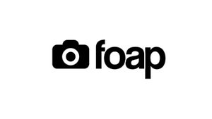 A black and white screen shot of a camera and the word foap