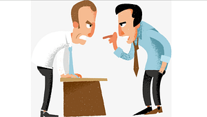 A cartoon picture of two men having a hearing conversation