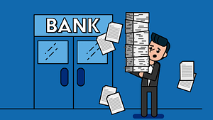 A cartoon picture of a white man in a business suit, holding a stack of papers, walking towards blue bank doors