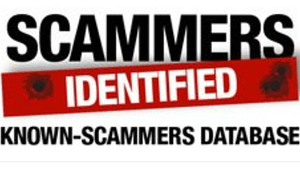 A white picture with red and black words that read, scammers identified, known scammers data base