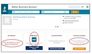 A screenshot of the Better Business Bureau review and rating of BrainFuse website