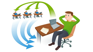 A cartoon picture of a guy sitting at a desk, sending 3 people messages thru the air
