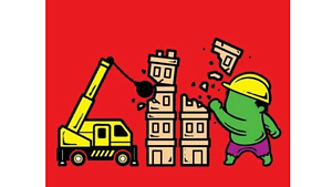 a cartoon picture of a building being broken down