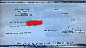 A picture of a check paid out from the company Project Payday
