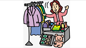 a cartoon picture of a women selling a lot of merchandise