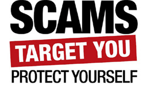 A red and white and black advertisement that reads scams target you, protect yourself