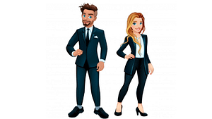 a cartoon picture of a man and a women in a suit