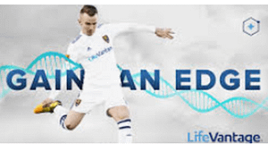 A screen shot picture of the LifeVantage website and a white man kicking a soccer ball