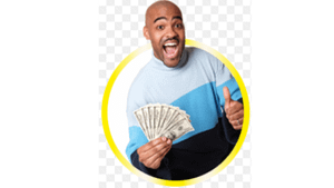 A real life picture of a bold black man holding money with his right hand, while giving a thumbs up with the left hand