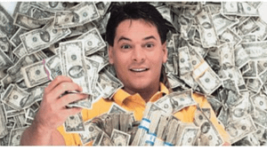a picture of infomercial scams, and a white guy laying in money