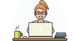 Vector illustration of cartoon woman character working on computer ...