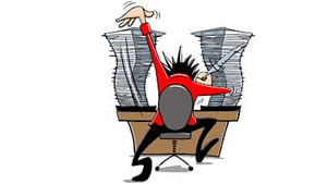 a cartoon picture of a man working extremely hard on a writing