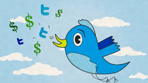 A cartoon picture of a blue bird blowing out dollar and Twitter signs, while flying thru the sky