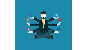 a Cartoon picture of a Social Media Manager with 6 arms