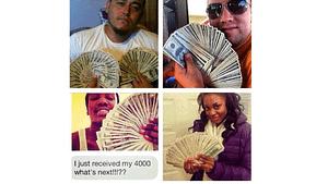 4 different pictures in one, of 4 different people holding money